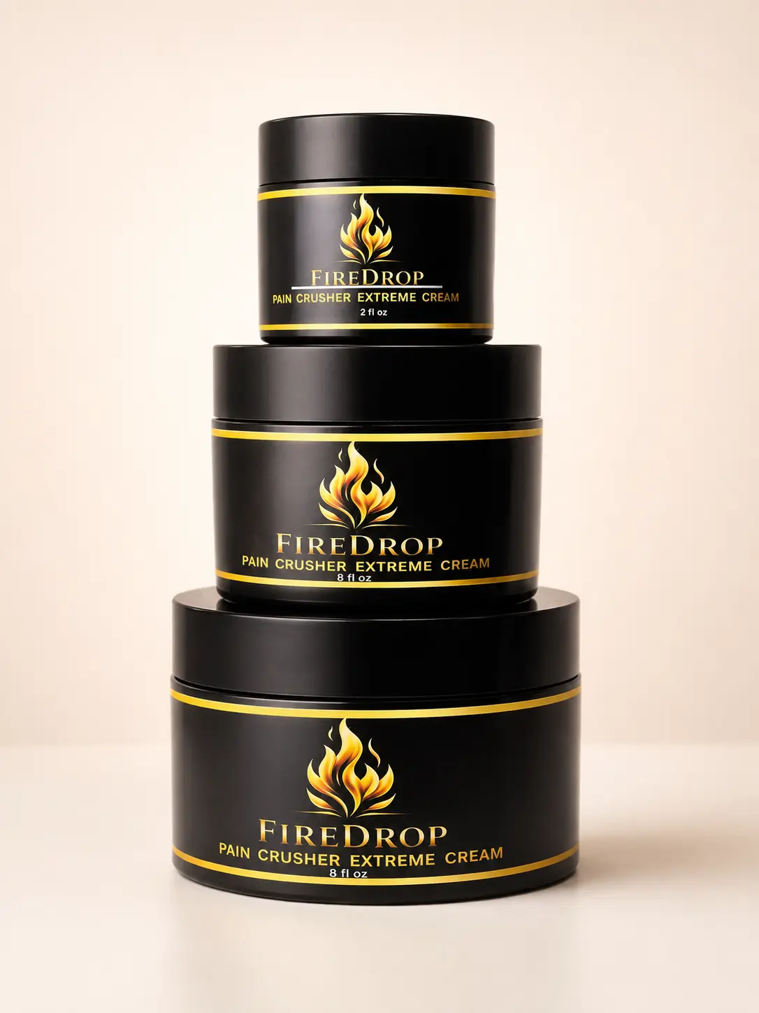 Pain Crusher Extreme cream jars in multiple sizes, front view